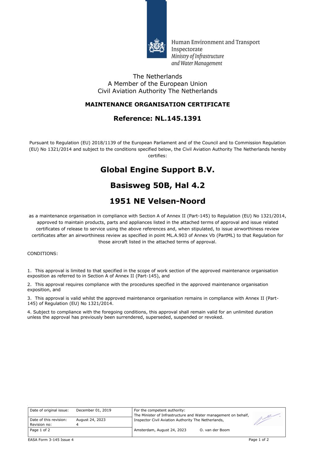 Maintenance Orgainsation Approval Certificate | Global Engine Support